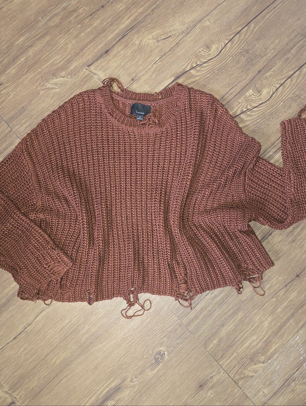 Lumiere Rust Chunky Ribbed Distressed Knit Sweater 100% Cotton Size Small